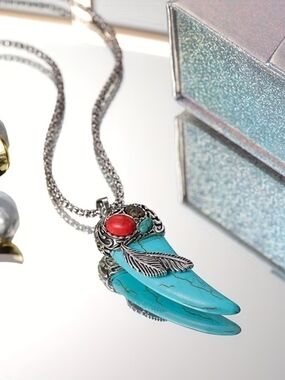 NWOT-Turquoise and Coral Feather Pendant Necklace - Women's Jewelry.
